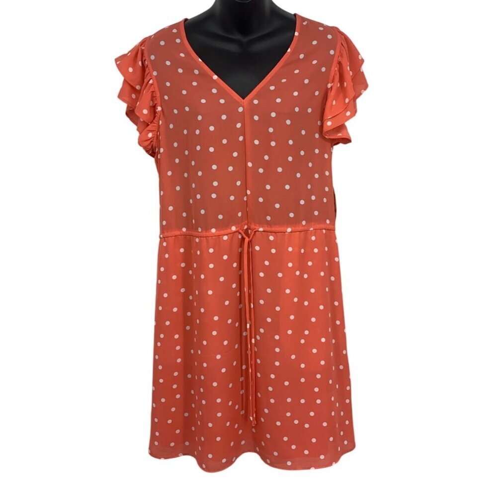 Maison Jules Dress Large Coral Polka Dot Shift V-Neck Ruffle Short Sleeve New